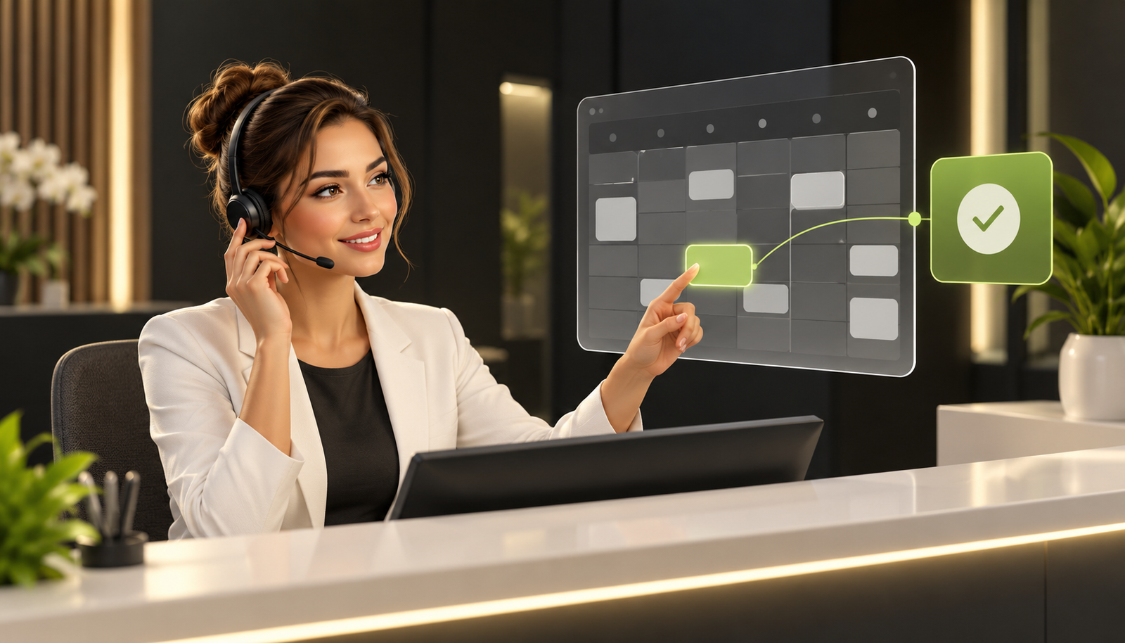 Appointment scheduling assistant beside a digital calendar