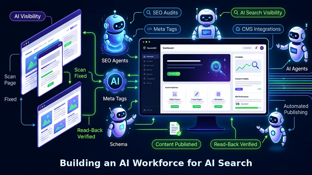 Building an AI Workforce for AI Search — original case illustration with a title added in blank space.