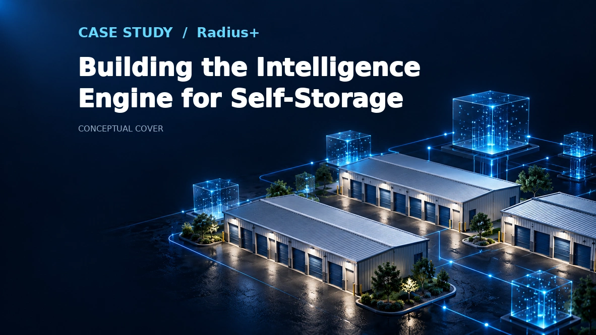 Conceptual Radius+ case-study cover for Building the Intelligence Engine for Self-Storage, with illustrative storage buildings and data connections.