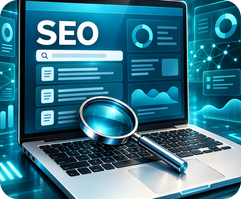 Conceptual SEO review with a laptop and magnifying glass; not a product screenshot or measured result.