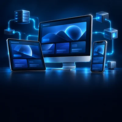 Connected desktop tablet and phone showing abstract web application panels