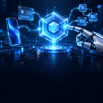 AI core connected to application panels and a smartphone
