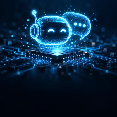 Glowing chatbot and conversation bubble on a circuit platform