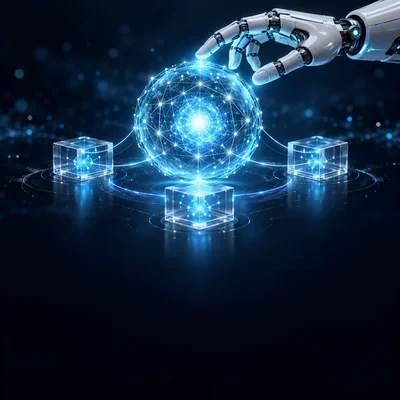 Robotic hand above a connected glowing AI sphere