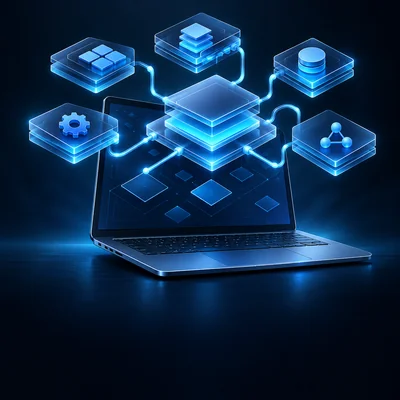 Modular software components connected above a laptop