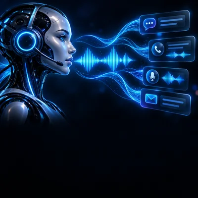 AI voice assistant connected to waveform and communication panels