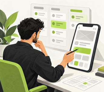 Illustration of Android app planning with a mobile interface and workflow board