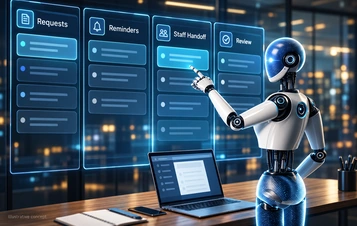 Fictional robot reviewing appointment requests, reminders and staff handoffs.