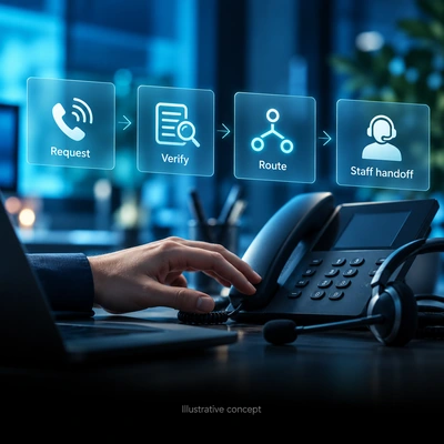 Illustrative call routing with separate verification and staff handoff.