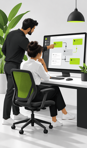 Illustration of colleagues reviewing connected workflow steps on a desktop dashboard