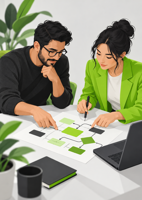 Illustration of two colleagues mapping a workflow with connected task cards