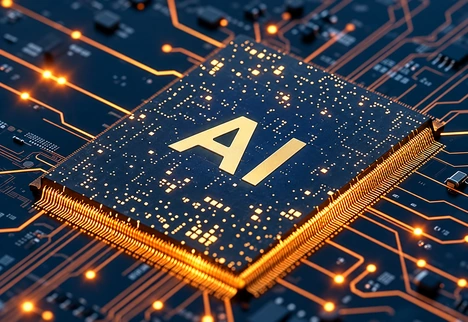 Illustrative AI processor on a blue and gold circuit board.
