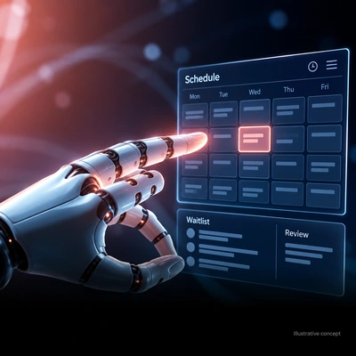 Robotic hand reviewing appointment changes and available calendar slots.