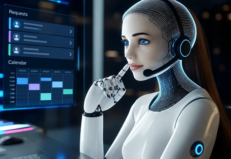 Clearly fictional headset assistant beside an illustrative scheduling interface.
