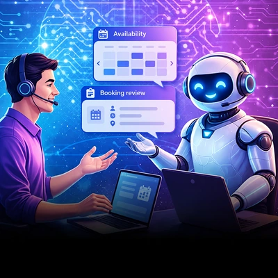 Fictional human and robot discussing appointment availability and booking details.