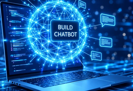 Illustrative chatbot development interface above a laptop.