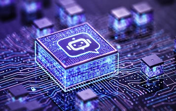 Illustrative chatbot processor on a purple circuit board.