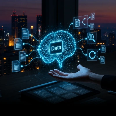 Data transformation and review nodes above an anonymous hand and tablet.