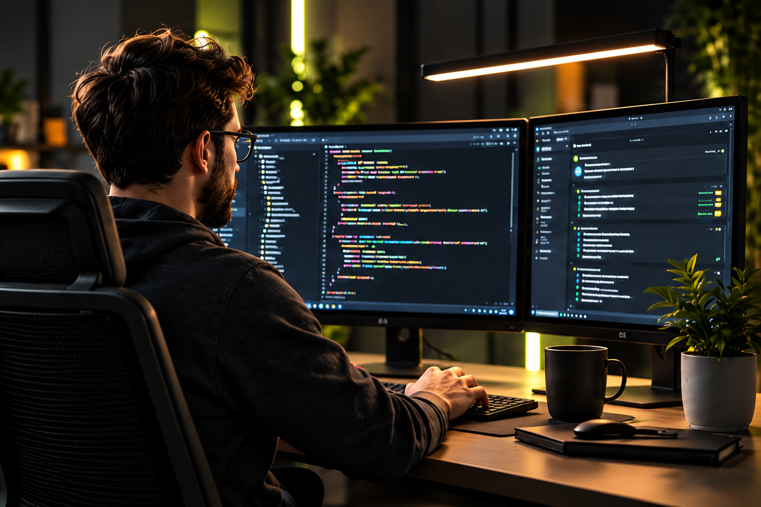 Developer working at a dual-monitor software development workspace.