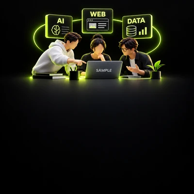 Illustration of AI, web and data engineering roles connected to a sample project workspace.