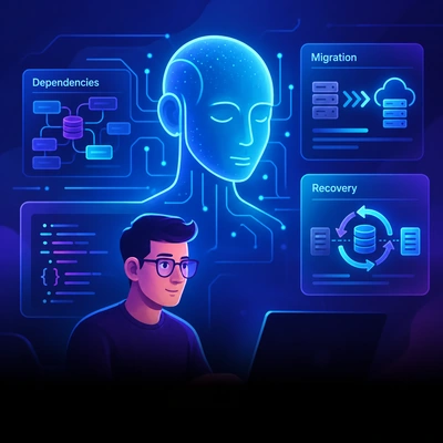 Illustrated developer and dependency panels for staged legacy modernization.