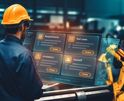 Anonymous rear-view operator reviewing illustrative manufacturing application controls.
