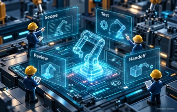 Conceptual manufacturing pilot review around a holographic robot-arm model.