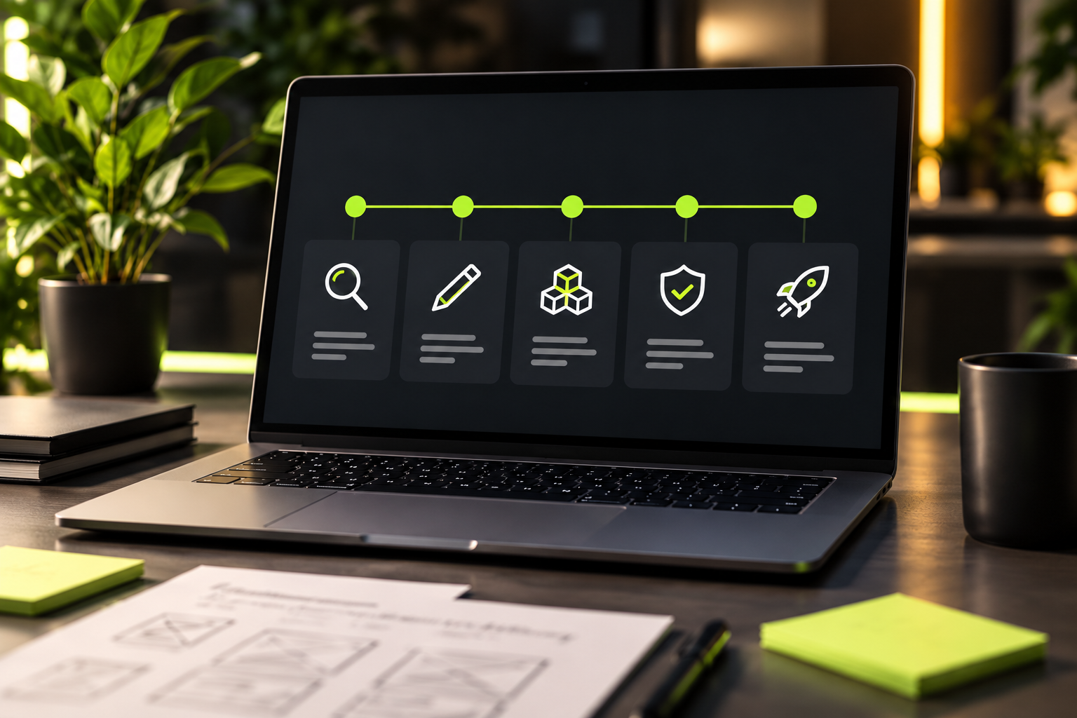 Laptop displaying a five-stage project delivery workflow.