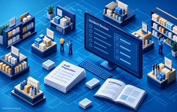 Isometric retail systems concept with advisory and incident-review materials.