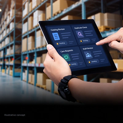 Anonymous tablet workspace for retail catalog and customer-care review.