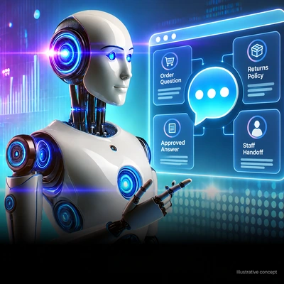 Fictional retail chatbot with approved-answer and staff-handoff controls.