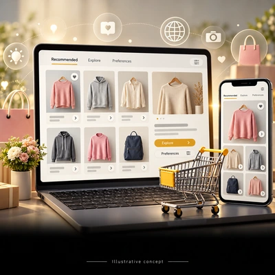 Conceptual retail recommendations across laptop and mobile interfaces.