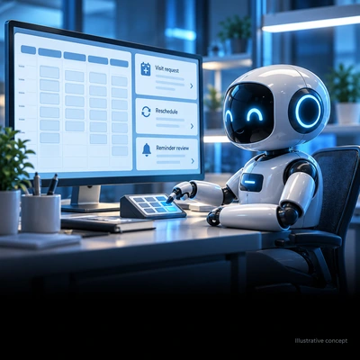 Fictional scheduling assistant reviewing provider availability and appointment changes.