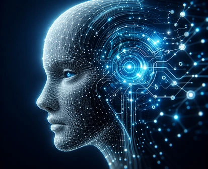Illustrative synthetic wireframe head with blue digital connections.
