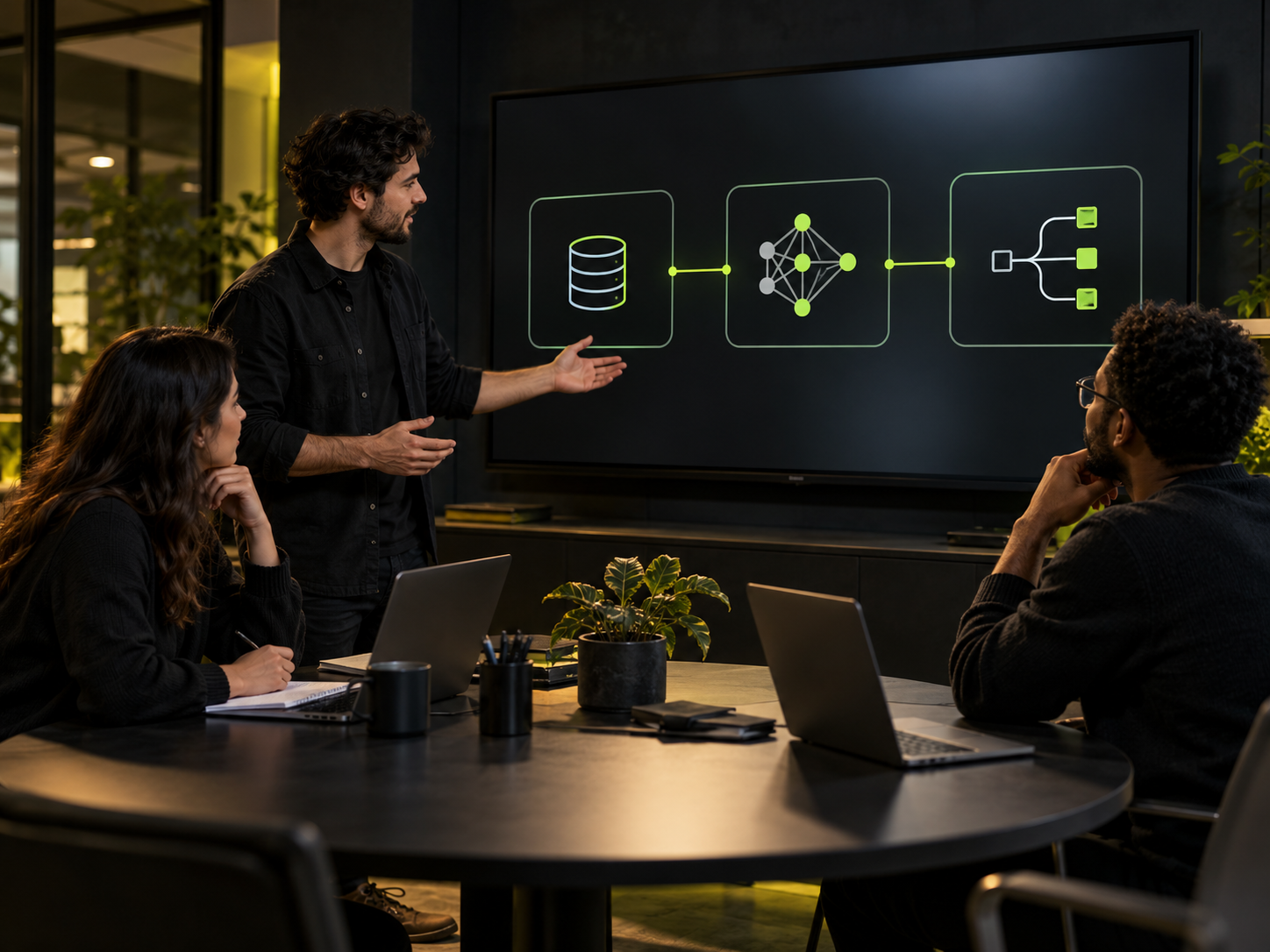 Team reviewing a data, AI and workflow architecture diagram.