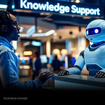 Illustrative employee knowledge support interaction with an AI assistant.