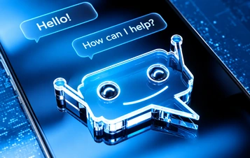 Illustrative glass chatbot symbol on a smartphone interface.
