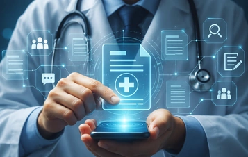 Illustrative healthcare advisory workflow with document review and an unbranded mobile interface.