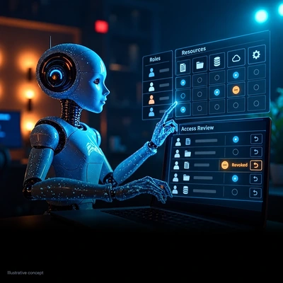 Fictional robot reviewing roles, resources and access permissions at a laptop.
