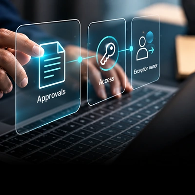 Conceptual internal portal workflow for approvals, access and exception ownership.