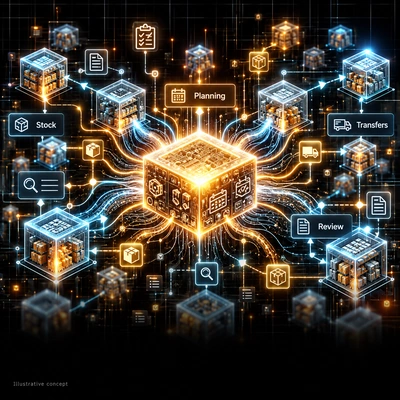 Connected inventory modules illustrating planning and stock-transfer review.
