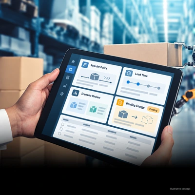 Anonymous tablet workspace illustrating inventory-policy scenarios and review.