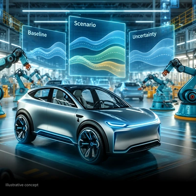Conceptual manufacturing environment with demand-planning scenarios and uncertainty.