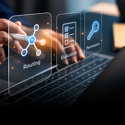 Conceptual model-routing, evaluation and tool-permission review panels.