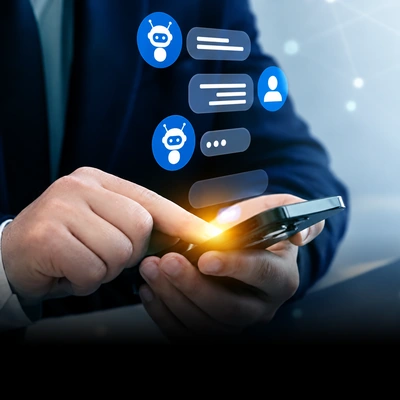 Illustrative smartphone conversation with chatbot and user messages.