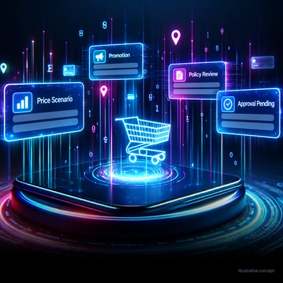 Shopping-cart concept with pricing scenarios and promotion review cards.