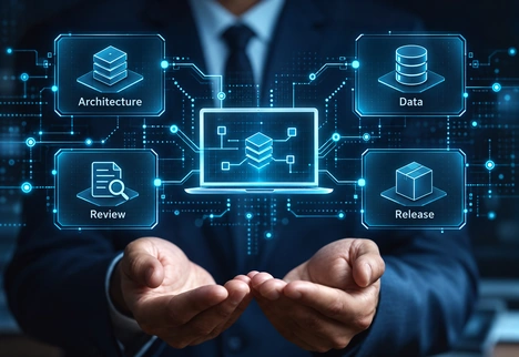 Illustrative SaaS architecture and release review workflow