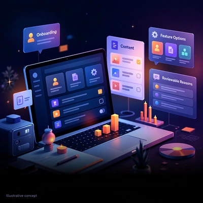 Conceptual SaaS onboarding and recommendation options with reviewable reasons.