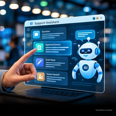 Fictional support assistant with approved sources, draft replies and human handoff.