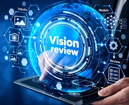 Conceptual computer-vision review hub connecting image inputs, models and review workflows.